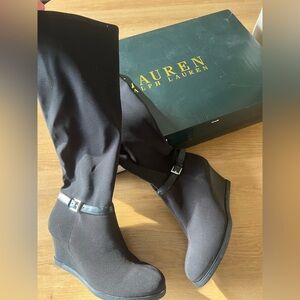 Ralph Lauren Black Wedge Boots with Buckle